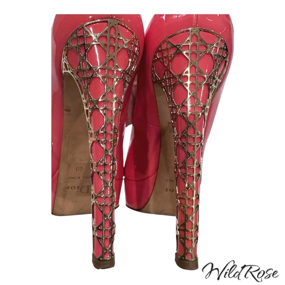 CHRISTIAN DIOR Pink Patent Leather Cannage Gold Metal Guilded Heel Platform Pump - Picture 7 of 17